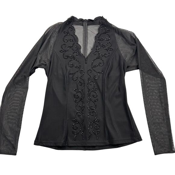 Vintage Beaded Blouse Black Sheer Long Sleeve Deep V-Neck Shirt Scallop Date - Picture 3 of 11